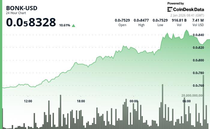 受上涨势头推动，BONK股价在24小时内上涨超过10%。