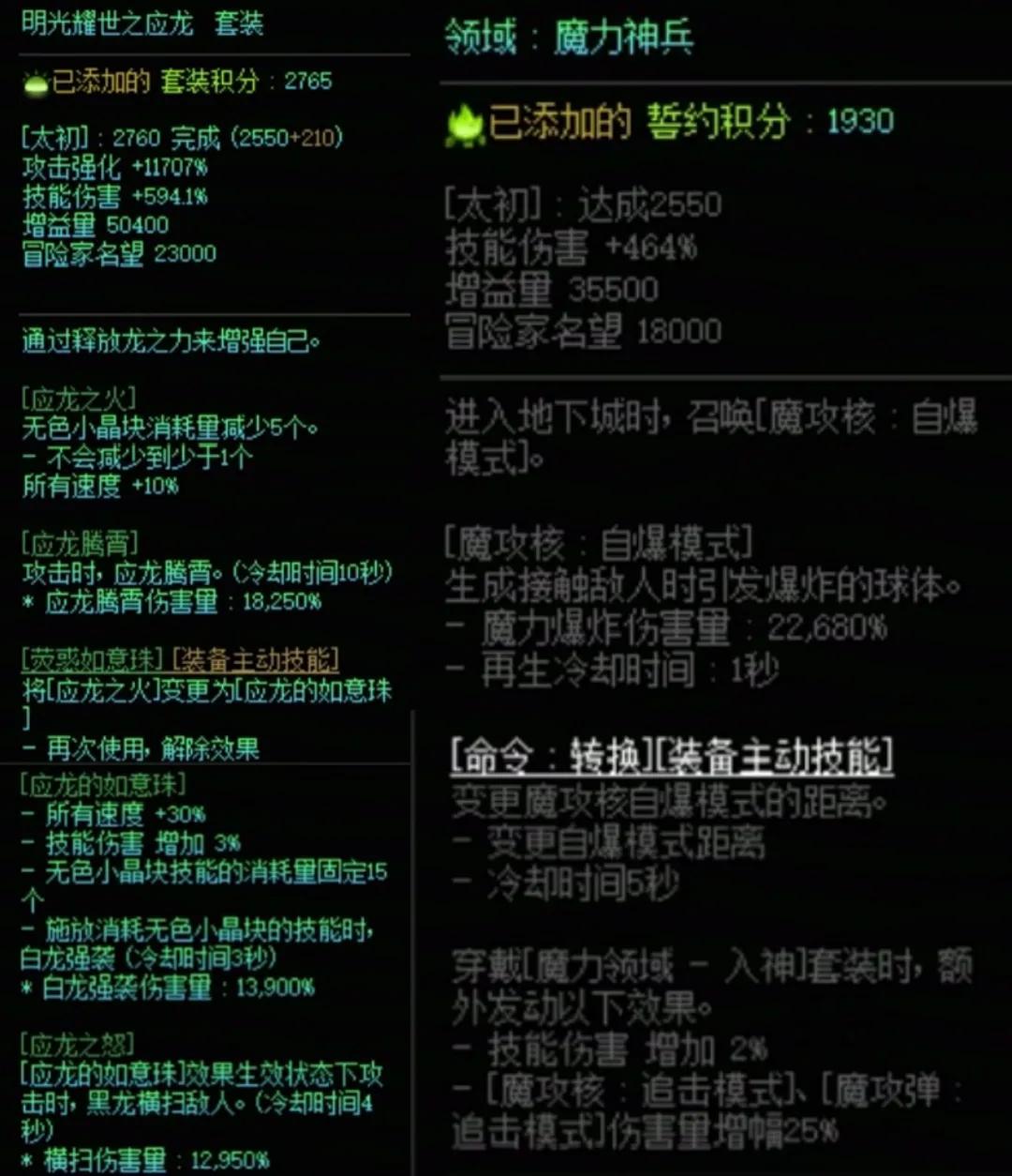DNF龙战套加魔力搭配属性一览